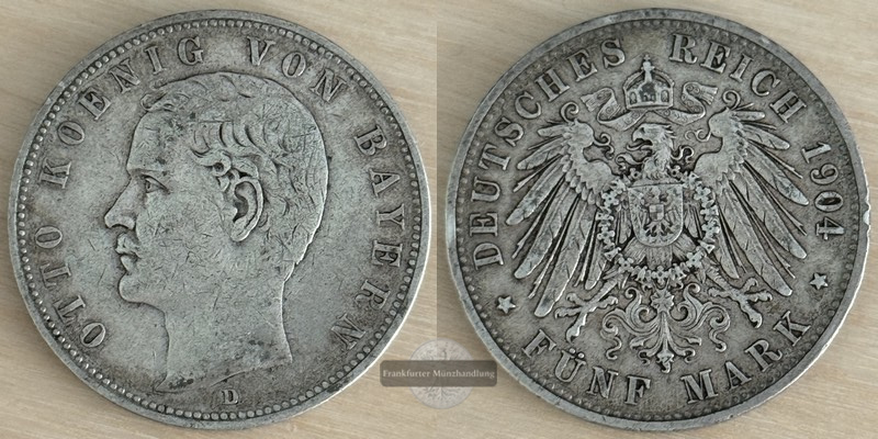  Deutsches Kaiserreich. Bayern, Otto 1886-1913.  5 Mark 1904 D    FM-Frankfurt   Feinsilber: 25g   