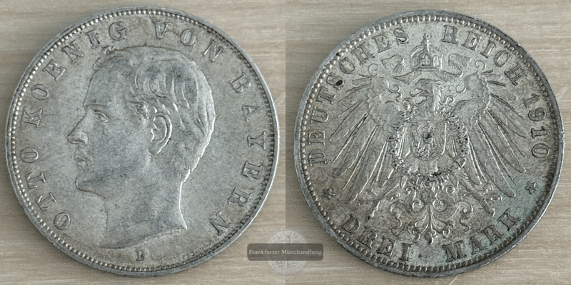  Deutsches Kaiserreich. Bayern, Otto.  3 Mark  1910 D   FM-Frankfurt   Feinsilber: 15g   