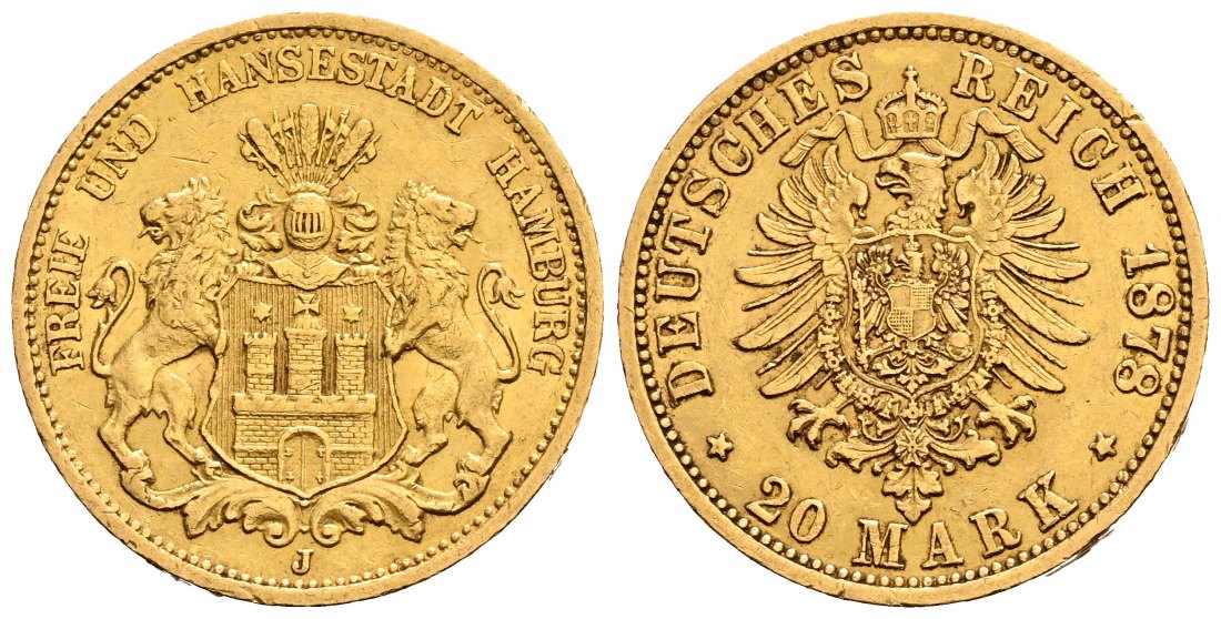 PEUS 1958 Hamburg - Kaiserreich 7,16 g Feingold. Stadtwappen / Kleiner Adler 20 Mark GOLD 1878 J Sehr schön