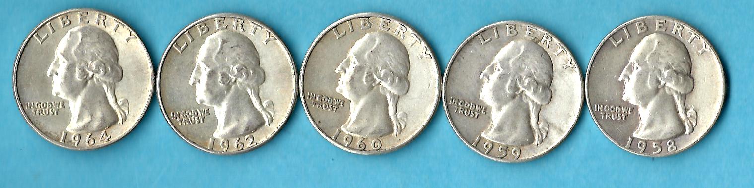  USA 5x 1 Silber Quarter 1958,59,60,62,64 Silber Golden Gate Münzenankauf Koblenz Frank Maurer AD615   