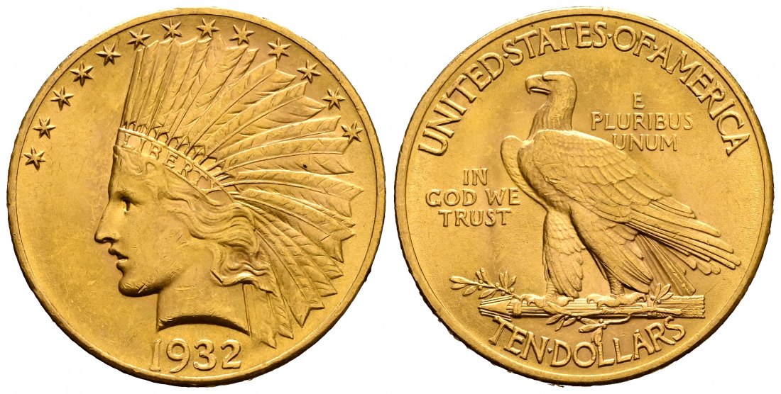 PEUS 1954 USA 15,05 g Feingold. Indian Head 10 Dollars GOLD 1932 Kl. Kratzer, Vorzüglich
