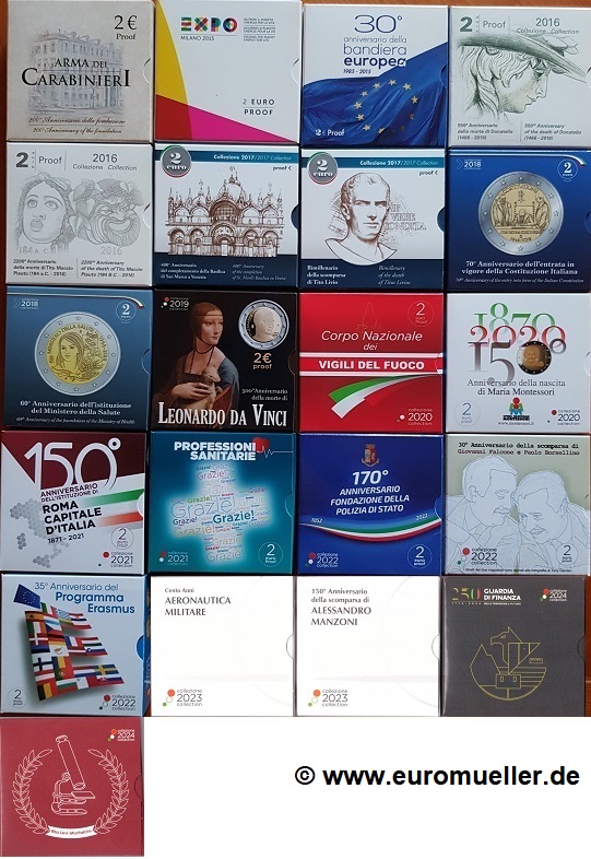 Italien Komplettsammlung 2 Euro Gedenkmünzen 2014-2024...PP in Box   