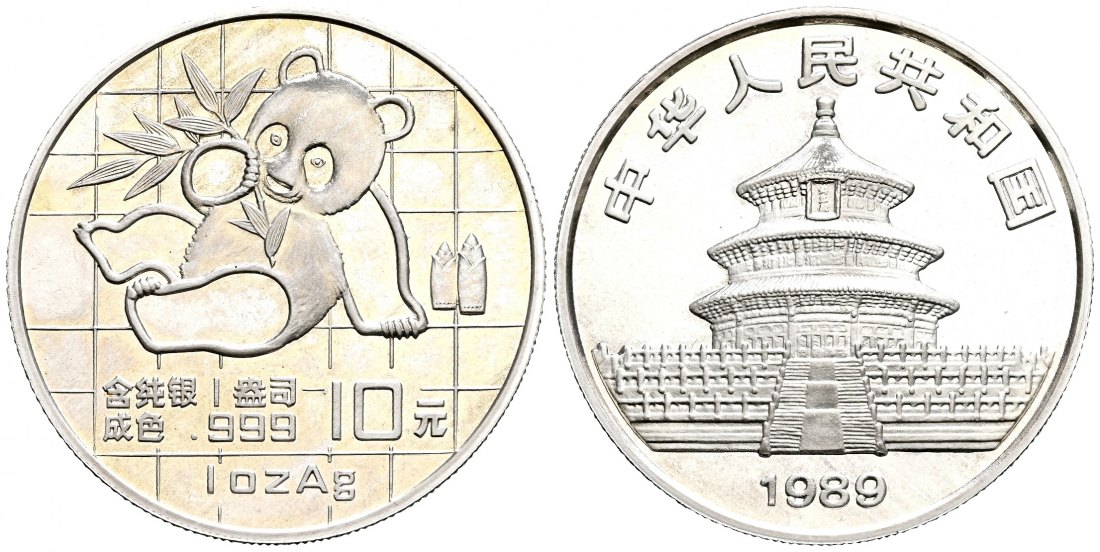 PEUS 1963 China 31,1 g Feinsilber. Sitzender Panda Gitterdesign 10 Yuan SILBER Unze 1989 Stempelglanz