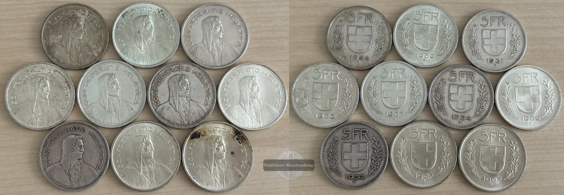  Schweiz, 10x 5 Franken  1931-1969  FM-Frankfurt Feinsilber: 125,2g   