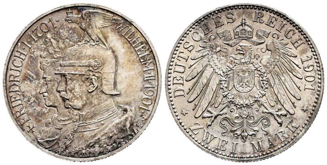 PEUS 1968  Kaiserreich - Preußen 200jähriges Jubiläum. Friedrich I. + Wilhelm II. 2 Mark 1901 A Patina, Vorzüglich / Stempelglanz
