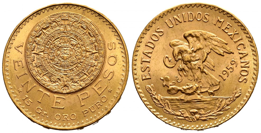 PEUS 1969 Mexiko 15 g Feingold. Aztekenkalender 20 Pesos GOLD 1959 Fast Stempelglanz