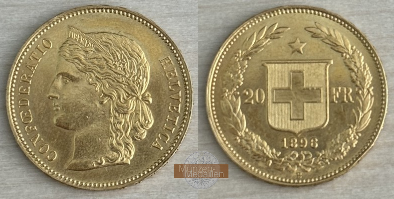 Schweiz MM-Frankfurt Feingewicht: 5,81g 20 Francs 1896 B 