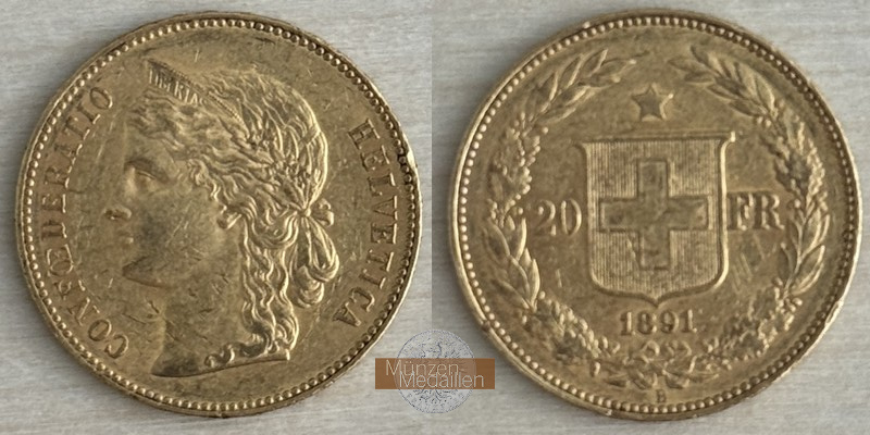 Schweiz MM-Frankfurt Feingewicht: 5,81g 20 Francs 1891 B 