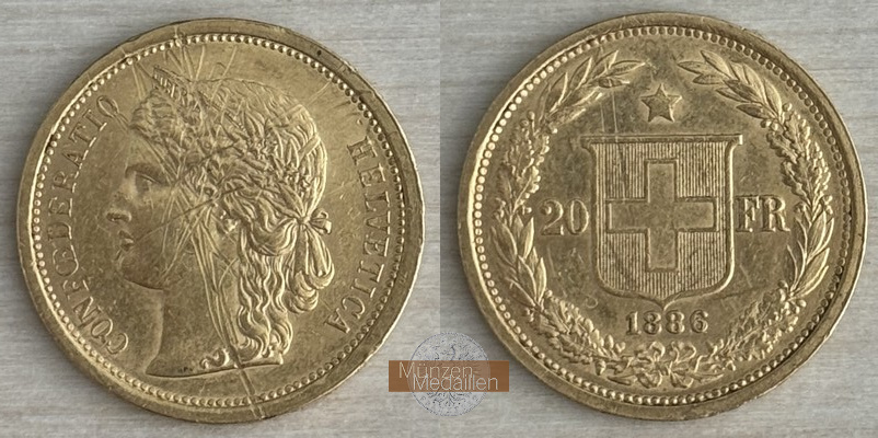 Schweiz MM-Frankfurt Feingewicht: 5,81g 20 Francs 1886 
