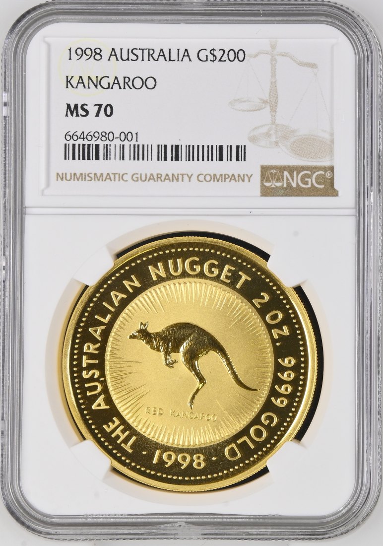  Australien 200 Dollars Nugget 1998 | NGC MS70 einziger TOP POP | Rotes Känguru   