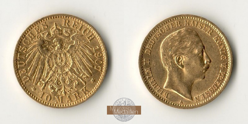 Dt. Kaiserreich, Preussen 10 Mark MM-Frankfurt Feingold: 3,58g Wilhelm II. 1888-1918 1907 A 
