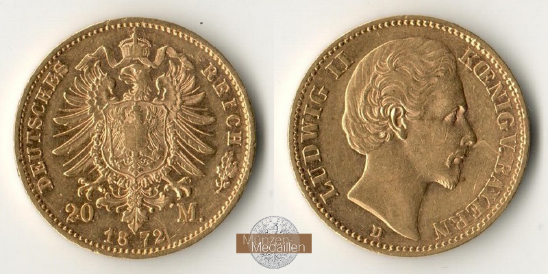 Bayern, Kaiserreich 20 Mark MM-Frankfurt Feingold: 7,17g Ludwig II. 1864-1886 1872 D 