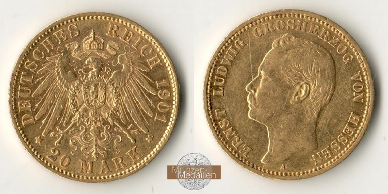 Kaiserreich. Hessen MM-Frankfurt Feingold: 7,17g Großherzog Ernst Ludwig. 20 Mark 1901 A 