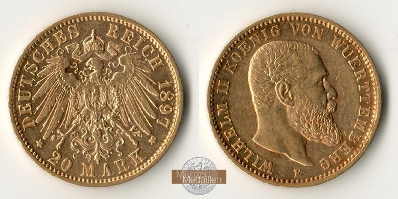 Deutsches Kaiserreich - Württemberg MM-Frankfurt Feingold: 7,17g Wilhelm II., 20 Mark 1897 F 