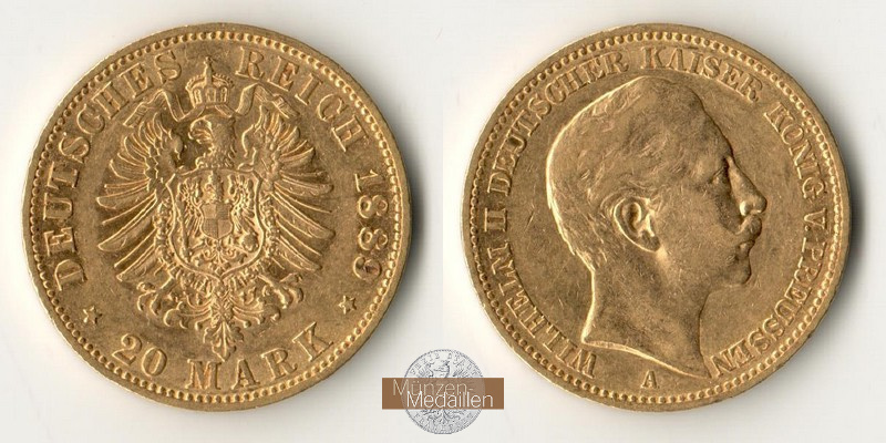 Dt. Kaiserreich. Preussen Wilhelm II. MM-Frankfurt Feingold: 7,17g 20 Mark 1889 A 