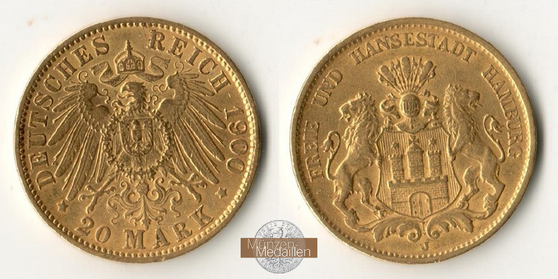Kaiserreich 20 Mark MM-Frankfurt Feingold: 7,17g Hamburg 1900 J 