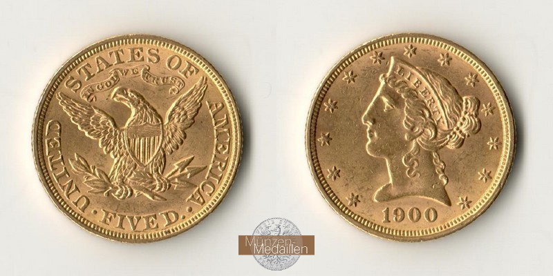 USA  5 Dollar MM-Frankfurt Feingold: 7,5g Kopf mit Krone 1900 