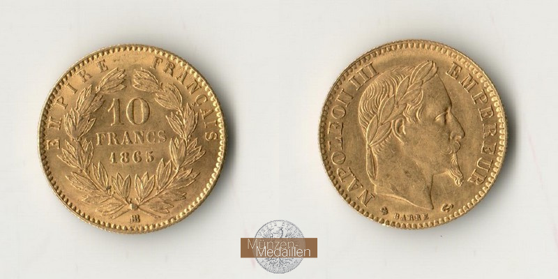 Frankreich MM-Frankfurt Feingewicht: 2,9g 10 Francs 1865 A 