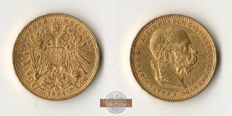 Österreich MM-Frankfurt Feingold: 6,10g 20 Kronen 1894 