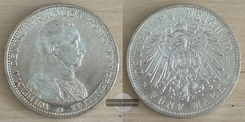  Deutsches Kaiserreich. Wilhelm II.  5 Mark 1914 A   FM-Frankfurt  Feinsilber: 25g   