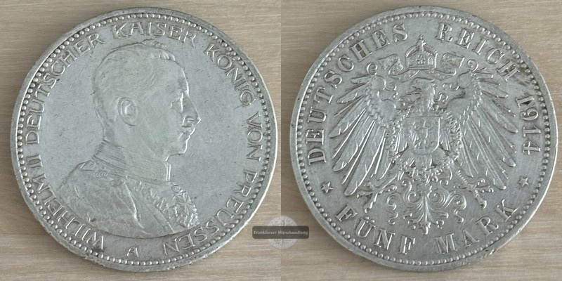  Deutsches Kaiserreich. Wilhelm II.  5 Mark 1914 A   FM-Frankfurt  Feinsilber: 25g   