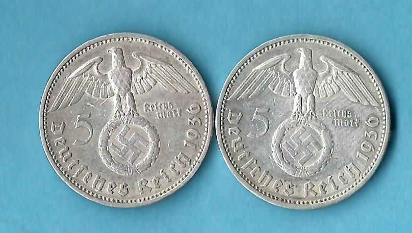  III Reich 2x5 Mark HIBU mit HK 1936 2xA Golden Gate Münzenankauf Koblenz Frank Maurer AD646   
