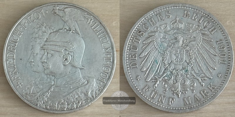  Deutsches Kaiserreich. Preussen, Wilhelm II.  5 Mark 1901 A  FM-Frankfurt   Feinsilber: 25g   