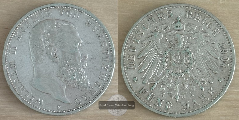  Deutsches Kaiserreich, Württemberg  5 Mark  1907 F  FM-Frankfurt Feingewicht: 25g Silber   