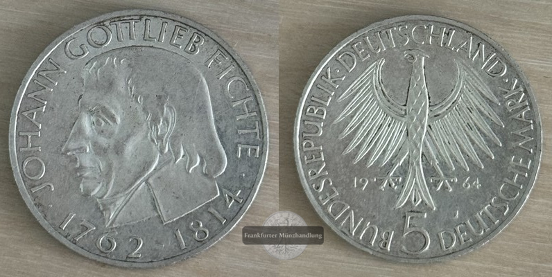  Deutschland 5 Mark, 1964  150. Todestag von Johann Gottlieb Fichte FM-Frankfurt   Feinsilber: 7g   
