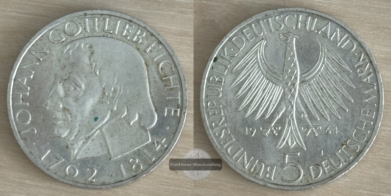  Deutschland 5 Mark, 1964  150. Todestag von Johann Gottlieb Fichte  FM-Frankfurt   Feinsilber: 7g   