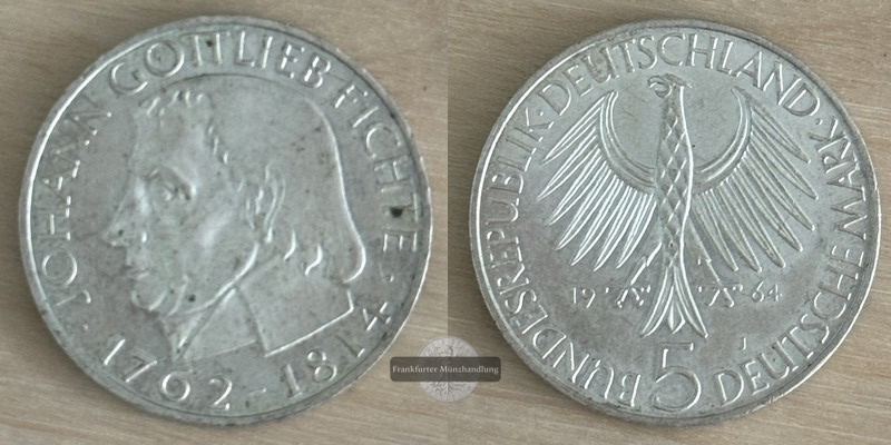  Deutschland 5 Mark, 1964  150. Todestag von Johann Gottlieb Fichte  FM-Frankfurt   Feinsilber: 7g   