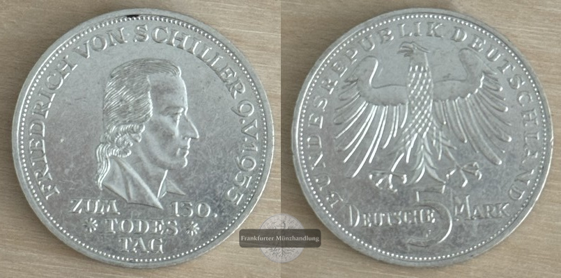  BRD  5 DM  1955 F    Zum 150. Todestag von Friedrich von Schiller    FM-Frankfurt  Feinsilber: 7g   