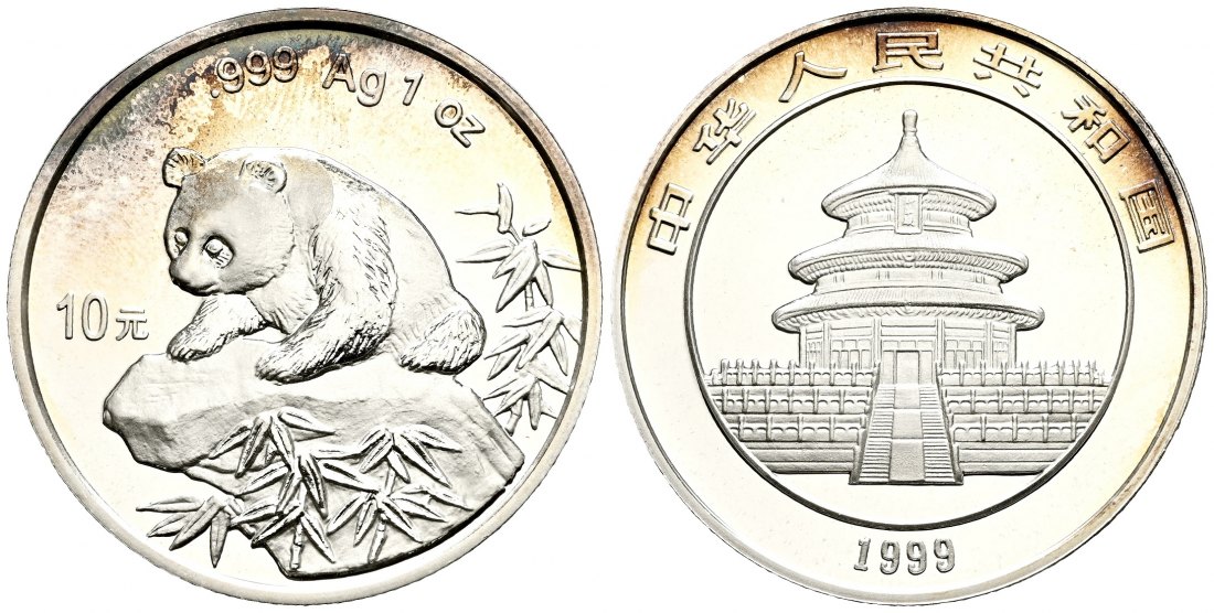 PEUS 1979 China 31,1 g Feinsilber. Panda auf Fels 10 Yuan SILBER Unze 1999 Uncirculated (Kapsel)