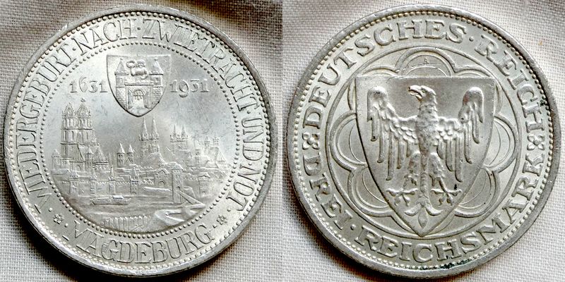  Weimarer Republik 3 Reichsmark 1931 - 300 Jahre Brand von Magdeburg - J.347   