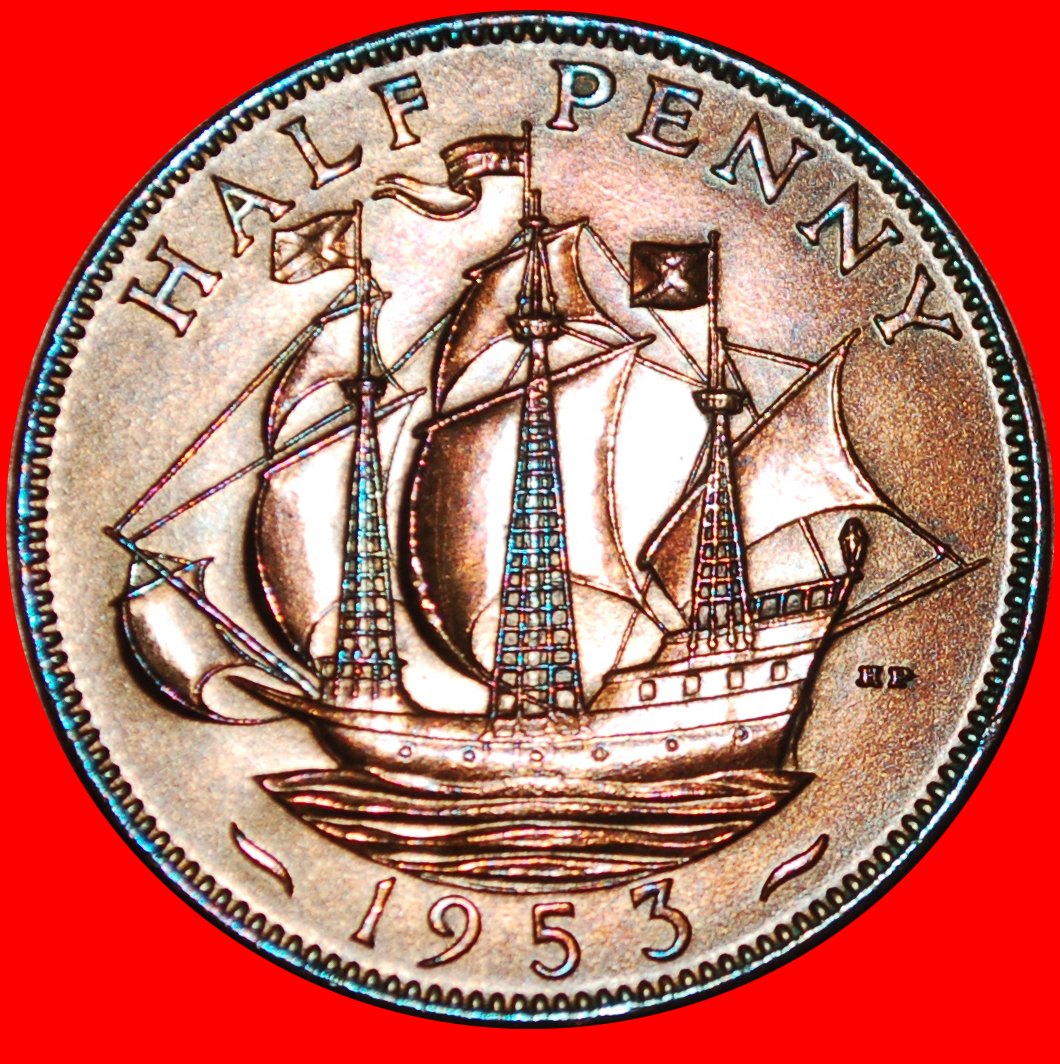  *SCHIFF (1953-1970):GROSSBRITANNIEN★HALBER PENNY 1953 STG! ELISABETH II. (1953-2022)★OHNE VORBEHALT!   