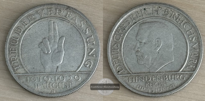 BRD, Weimarer Republik 5 Reichsmark 1929 D Weimarer Reichsverfassung FM-Frankfurt Feinsilber: 12,5   