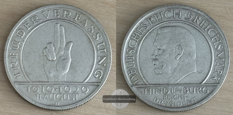  BRD, Weimarer Republik 5 Reichsmark 1929 D Weimarer Reichsverfassung FM-Frankfurt Feinsilber: 12,5   