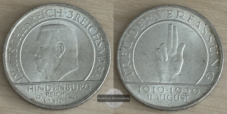 BRD, Weimarer Republik 3 Reichsmark 1929 A Weimarer Reichsverfassung FM-Frankfurt Feinsilber: 12,5   