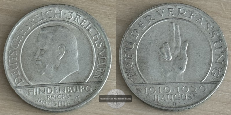  BRD, Weimarer Republik 3 Reichsmark 1929 D Weimarer Reichsverfassung FM-Frankfurt Feinsilber: 12,5   