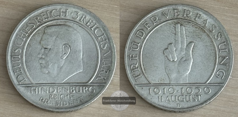  BRD, Weimarer Republik 3 Reichsmark 1929 D Weimarer Reichsverfassung FM-Frankfurt Feinsilber: 12,5   