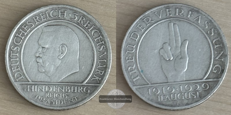  BRD, Weimarer Republik 3 Reichsmark 1929 A Weimarer Reichsverfassung FM-Frankfurt Feinsilber: 12,5   
