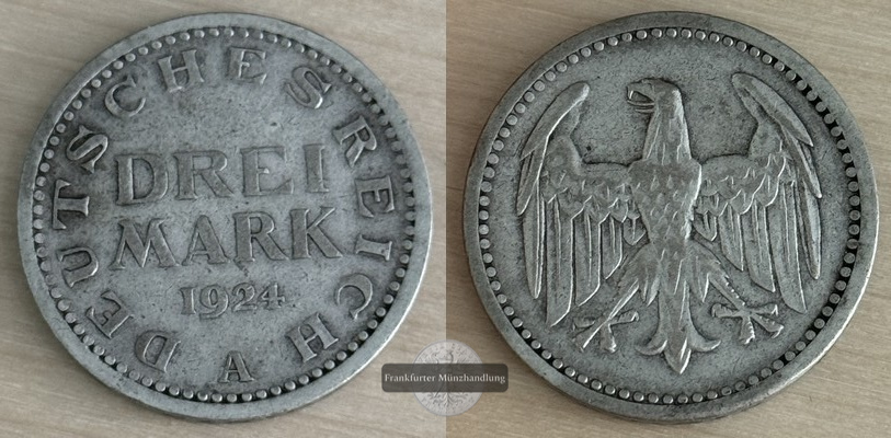  Deutschland, Weimarer Republik 1919-1933.  3 Mark 1924 A  FM-Frankfurt Feinsilber: 7,5g   