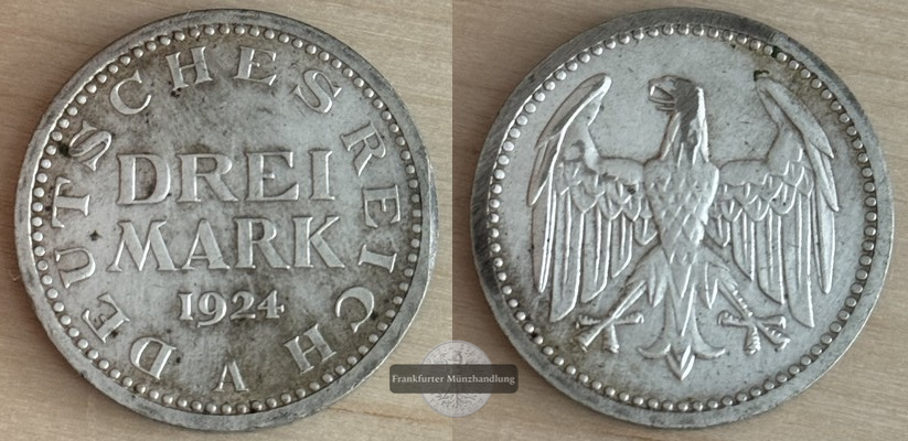  Deutschland, Weimarer Republik 1919-1933.  3 Mark 1924 A  FM-Frankfurt Feinsilber: 7,5g   