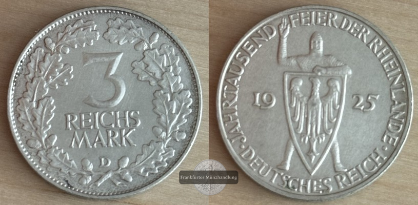  Deutschland, Weimarer Republik 3 Reichsmark  1925 D  FM-Frankfurt  Feingewicht: 7,5g   
