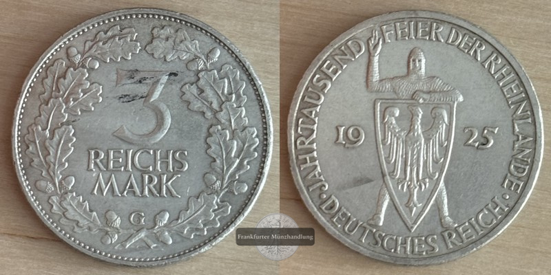  Deutschland, Weimarer Republik 3 Reichsmark  1925 G  FM-Frankfurt  Feingewicht: 7,5g   