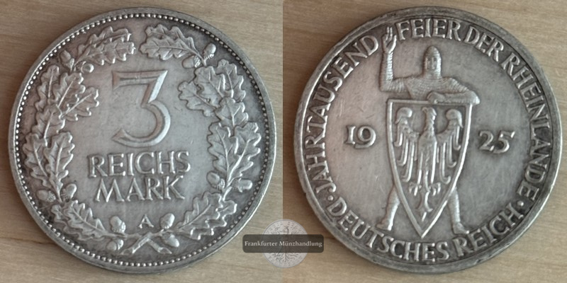  Deutschland, Weimarer Republik 3 Reichsmark  1925 A  FM-Frankfurt  Feingewicht: 7,5g   