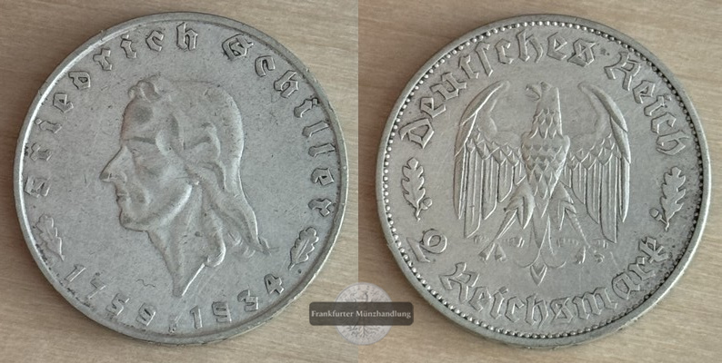  Deutschland, Drittes Reich.  2 Reichsmark 1934 175. Geburtstag Schiller  FM-Frankfurt  Feinsilber:5g   