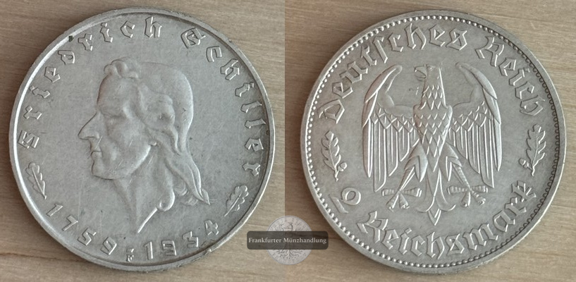  Deutschland, Drittes Reich.  2 Reichsmark 1934 175. Geburtstag Schiller  FM-Frankfurt  Feinsilber:5g   