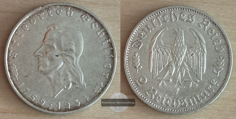  Deutschland, Drittes Reich.  2 Reichsmark 1934 175. Geburtstag Schiller  FM-Frankfurt  Feinsilber:5g   