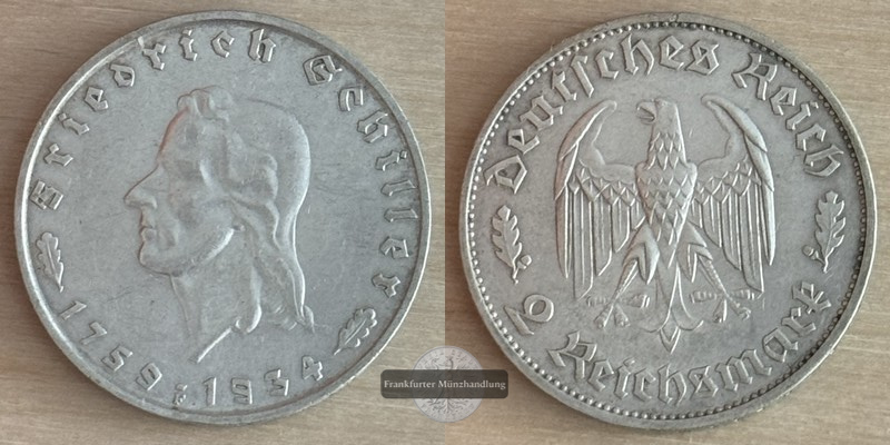  Deutschland, Drittes Reich.  2 Reichsmark 1934 F Schiller  FM-Frankfurt  Feinsilber:5g   